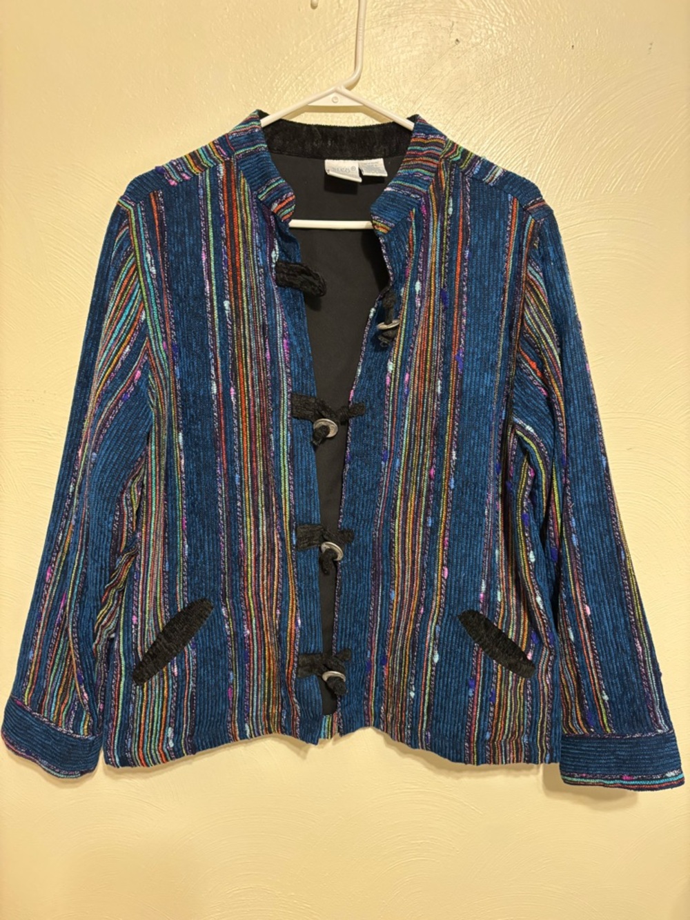 Boho Woven Jacket Toggle Front Multicolor Striped India Made Size Large